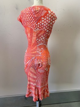 Womens, Dress, Short Sleeve, ROBERTO CAVALLI, Coral Orange, White, Magenta Pink, Polyester, Spandex, Abstract , XS, Cap Sleeves, Stretchy, Bateau Neck, Fitted, Flared Hem With Godet Panels, Knee Length