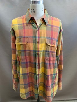 GAP, Gold, Red, Green, Gray, Cotton, Plaid, L/S, 2 Pockets, Button Down,