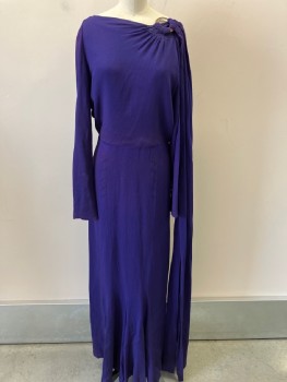 Womens, Dress, AN ORIGINAL DESIGN, Purple, Polyester, Solid, W28, B36, Asymmetrical With Brass Circle With Drape Attached  And Multi Color Stones,L/S,Pin Tuck Pleats At Skirt, Side Snap  & Back,