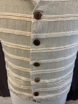 Mens, Vest, PARAGRAFF, Oatmeal Brown, Cream, Butter Yellow, Cotton, Viscose, Solid, Stripes - Horizontal , C42, L, V Neck, Coconut Shell, Button Front, 2 Pockets