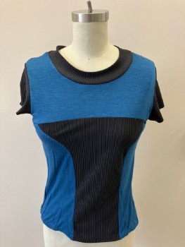 Womens, Top, MTO, Black, Aqua Blue, Polyester, Spandex, Textured Fabric, Color Blocking, B 32, Round Neck, S/S, Ribbed