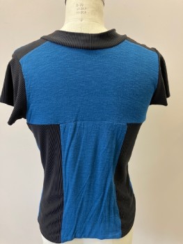 Womens, Top, MTO, Black, Aqua Blue, Polyester, Spandex, Textured Fabric, Color Blocking, B 32, Round Neck, S/S, Ribbed