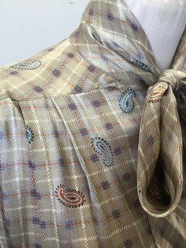 EVAN PICONE, Lt Brown, Cream, Orange, Blue, Black, Polyester, Plaid-  Windowpane, Paisley/Swirls, Pussy Bow Attached, B.F., Hidden Placket, Pleated @ Shoulders, L/S, Shoulder Pads