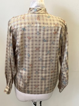 EVAN PICONE, Lt Brown, Cream, Orange, Blue, Black, Polyester, Plaid-  Windowpane, Paisley/Swirls, Pussy Bow Attached, B.F., Hidden Placket, Pleated @ Shoulders, L/S, Shoulder Pads