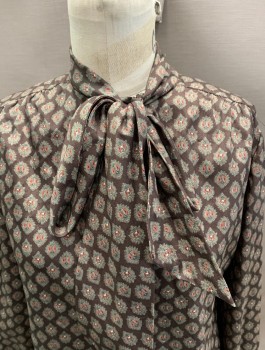 N/L, Brown, Apricot Orange, Sage Green, Polyester, Diamonds, L/S Blouse with Self Fabric Jabot Tie @ Neck