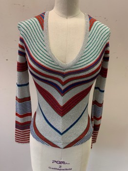 Womens, Blouse, PETITE STREET, Silver Metallic, Kelly Green, Dk Blue, Red, Polyester, Rayon, Chevron, Stripes, B: 32, S, L/S, V-N, Sparkly Fabric
