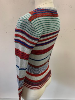 Womens, Blouse, PETITE STREET, Silver Metallic, Kelly Green, Dk Blue, Red, Polyester, Rayon, Chevron, Stripes, B: 32, S, L/S, V-N, Sparkly Fabric