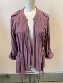 Womens, Casual Jacket, KNOX ROSE, Mauve Purple, Lyocell, Solid, XS, L/S, Shawl Front, Collar Band, Drawstring Waistband, Epaulets, Cargo Pockets With Metal Buttons, Optional Roll Up Sleeves With Tab Strap