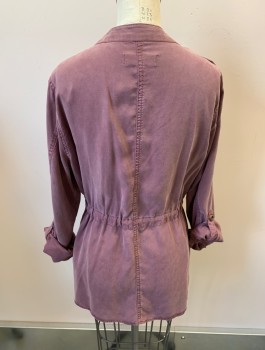 KNOX ROSE, Mauve Purple, Lyocell, Solid, L/S, Shawl Front, Collar Band, Drawstring Waistband, Epaulets, Cargo Pockets With Metal Buttons, Optional Roll Up Sleeves With Tab Strap