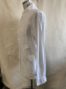Mens, Casual Shirt, TOMMY HILFIGER, White, Gray, Cotton, Stripes - Vertical , L, L/S, C.A., Patch Pocket, Box Pleat At Back