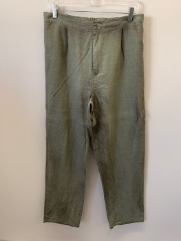 NL, Lt Olive Grn, Linen, Solid, Aged/Distressed, Elastic Waistband, Zip Fly, Over locked Hem,