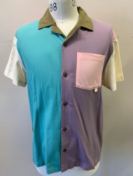 Mens, Casual Shirt, SCOTCH & SODA, Teal Green, Lavender Purple, Lt Peach, Cream, Olive Green, Cotton, Color Blocking, M, Each Panel is a Different Color, Short Sleeves, Button Front, Collar Attached, 1 Patch Pocket, Retro