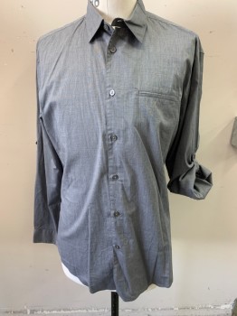 Mens, Casual Shirt, JOHN VARVATOS, Gray, Cotton, Solid, 2 Color Weave, L, Long Sleeves, Collar Attached, 1 Welt Pocket, Button Tab Sleeve Detail