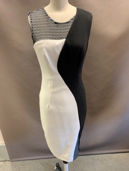 Womens, Dress, Sleeveless, MILLY, Cream, Black, Polyester, Viscose, Color Blocking, 2 Color Weave, 0, C/N, Leno Weave at Neck CF, & Lower Hem, and at CB. Zipper at CB.