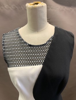 Womens, Dress, Sleeveless, MILLY, Cream, Black, Polyester, Viscose, Color Blocking, 2 Color Weave, 0, C/N, Leno Weave at Neck CF, & Lower Hem, and at CB. Zipper at CB.