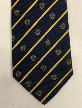 Mens, Tie, GIANNI VERSACE, Dk Blue, Gold, Silk, Stripes - Diagonal , Novelty Pattern, Four In Hand, Man with Leaves On Head