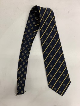 GIANNI VERSACE, Dk Blue, Gold, Silk, Stripes - Diagonal , Novelty Pattern, Four In Hand, Man with Leaves On Head