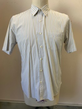 Mens, Casual Shirt, J. CREW, Ice Blue, Yellow, Blue, Cotton, Stripes - Vertical , L, S/S, Button Front, Collar Attached, Chest Pocket