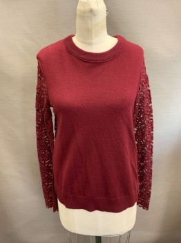 Womens, Top, TORY BURCH, Red Burgundy, Wool, S, CN, L/S,  Lace Back & Sleeves
