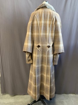 Womens, Coat, MTO, Beige, Gray, Wool, Fur, Plaid, B 32, Tortoiseshell Square Button Front, Large Rabbit Fur Collar, 2 Pockets with Solid Beige Arrow Trim and Small Tortoiseshell Square Buttons, Raglan Long Sleeves, Novelty Back Sleeve Panel with Button Detail, Pleated Back Panel with Button Detail and Solid Beige Trim, Multiple