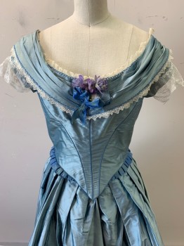 Womens, Historical Fiction Dress, N/L, Lt Blue, Silk, Solid, W24, B34, Taffeta, Pleated Neckline, S/S, Lace Trim at Sleeves/Neckline/& 2 Tier Skirt, Hooks & Eyes with Snaps, 1860s
