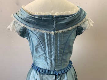 N/L, Lt Blue, Silk, Solid, Taffeta, Pleated Neckline, S/S, Lace Trim at Sleeves/Neckline/& 2 Tier Skirt, Hooks & Eyes with Snaps, 1860s