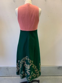 Womens, Dress, Sleeveless, TRACY FEITH, Emerald Green, Rose Pink, Off White, Gold, Turquoise Blue, Wool, Floral, Leaves/Vines , W26, B34, Round Neck With Keyhole And Single Button, Embroidered Detail on Chest and Bottom, Floral Patches on Sides, Back Zipper, Hem Mid-calf