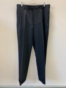 JOS. A. BANK, Black, Gray, Wool, Stripes - Pin, Pleated Front, Side And Back Pockets, Zip Front, Belt Loops,