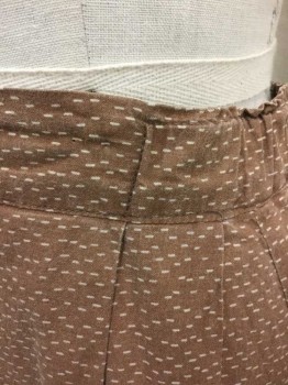 N/L, Lt Brown, Tan Brown, Cotton, Abstract , Light Brown with Tan Irregular Dashed Line Pattern, Drawstring Waist In Back, Pleats In Front, Floor Length,