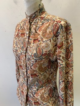 Womens, Blouse, TUCCI, Ecru, Beige, Red Burgundy, Gray, Poly/Cotton, Paisley/Swirls, B:34, L/S, Button Front, Band Collar, Gathered At Wrists/Cuffs And Shoulder Seam