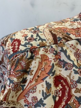 TUCCI, Ecru, Beige, Red Burgundy, Gray, Poly/Cotton, Paisley/Swirls, L/S, Button Front, Band Collar, Gathered At Wrists/Cuffs And Shoulder Seam