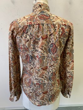 Womens, Blouse, TUCCI, Ecru, Beige, Red Burgundy, Gray, Poly/Cotton, Paisley/Swirls, B:34, L/S, Button Front, Band Collar, Gathered At Wrists/Cuffs And Shoulder Seam