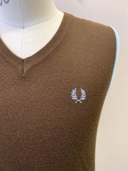 Mens, Sweater Vest, FRED PERRY, Dk Brown, Baby Blue, White, Cotton, Solid, M, V Neck,