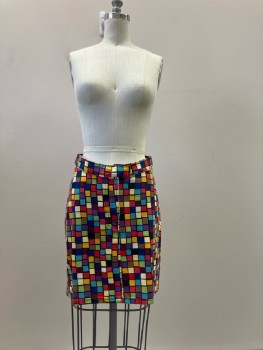 TODD OLDHAM, Rainbow Squares Outlined In Black Cotton Twill, Fitted, F.F, Zip Front, Tab Hook Eye Close Waistband, Above Knee