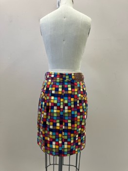 TODD OLDHAM, Rainbow Squares Outlined In Black Cotton Twill, Fitted, F.F, Zip Front, Tab Hook Eye Close Waistband, Above Knee