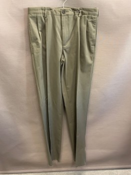 LAND'S END, Olive Green, Cotton, Side Pockets, Zip Front, Pleated Front, 2 Welt Pockets
