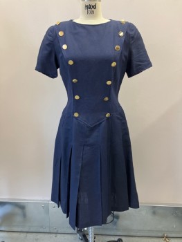 OSCAR DE LA RENTA, Navy Blue, Linen, Cotton, Solid, Pull On, Round Neck, Shoulder Pads, S/S with Pleat At Cuff,  Front Has 14 Gold Buttons Down Princess Seams, Princess Waist, Back Zip, Stitched Down Pleats From Waist To Hip, Lined Bodice
