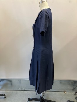 OSCAR DE LA RENTA, Navy Blue, Linen, Cotton, Solid, Pull On, Round Neck, Shoulder Pads, S/S with Pleat At Cuff,  Front Has 14 Gold Buttons Down Princess Seams, Princess Waist, Back Zip, Stitched Down Pleats From Waist To Hip, Lined Bodice