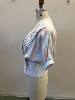 Womens, Top, PEAISIR BOOGIE, Lt Peach, Lt Blue, Beige, Polyester, Stripes, W:26, B:34+, V-N, Surplice with Modesty Snaps, Wide Pleated Panels At Neck Line, Wide Waistband with 3 Btn Closure Right Of Center, Short Dolman Sleeves with Button Cufs, Shoulder Pads, Buttons On Inside Of Neck Edge For Detachable Collar