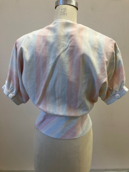 PEAISIR BOOGIE, Lt Peach, Lt Blue, Beige, Polyester, Stripes, V-N, Surplice with Modesty Snaps, Wide Pleated Panels At Neck Line, Wide Waistband with 3 Btn Closure Right Of Center, Short Dolman Sleeves with Button Cufs, Shoulder Pads, Buttons On Inside Of Neck Edge For Detachable Collar