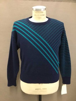 NO LABEL, Teal Green, Navy Blue, Geometric, Stripes - Diagonal , Long Sleeves, Crew Neck, Diagonal Thin And Wide Stripes