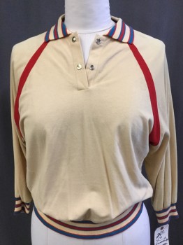 Womens, 1980s Vintage, Piece 1, LAUREL CANYON SPORTS, Butter Yellow, Teal Blue, Red, Acrylic, Solid, Stripes, 10, Pullover, 2 Snap Placket, Rib Knit Collar Cuffs and Waistband, Raglan Sleeves,  2 Pockets, Play Suit,
