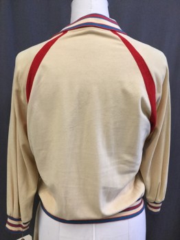 LAUREL CANYON SPORTS, Butter Yellow, Teal Blue, Red, Acrylic, Solid, Stripes, Pullover, 2 Snap Placket, Rib Knit Collar Cuffs and Waistband, Raglan Sleeves,  2 Pockets, Play Suit,