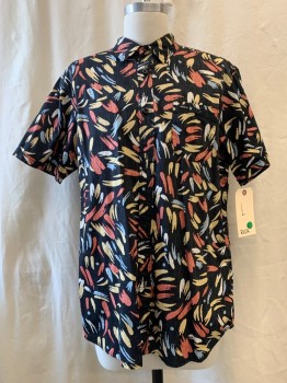 RVCA, Black, Red, Yellow, White, Baby Blue, Cotton, Abstract , Heather Faded Black with Heather Pale Red, Yellow, White, Baby Blue Abstract Print, Collar Attached, Button Front, 1 Pocket, Short Sleeves W/cuffs Seams