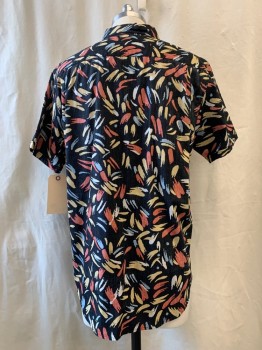 RVCA, Black, Red, Yellow, White, Baby Blue, Cotton, Abstract , Heather Faded Black with Heather Pale Red, Yellow, White, Baby Blue Abstract Print, Collar Attached, Button Front, 1 Pocket, Short Sleeves W/cuffs Seams
