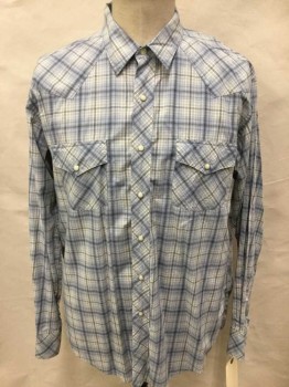 Mens, Western, AUSTIN REED, Off White, Black, Dusty Blue, Cotton, Plaid, XL, Snap Front, Collar Attached, Long Sleeves, Western Yoke, 2 Chest Pockets