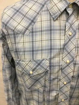 Mens, Western, AUSTIN REED, Off White, Black, Dusty Blue, Cotton, Plaid, XL, Snap Front, Collar Attached, Long Sleeves, Western Yoke, 2 Chest Pockets