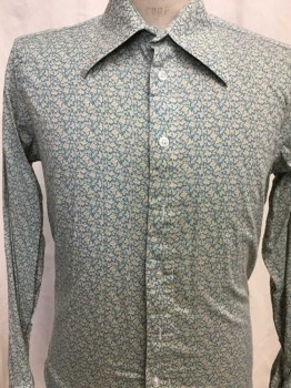 Mens, Casual Shirt, BRITTANIA, Sea Foam Green, Khaki Brown, Cotton, Polyester, Floral, L, Long Sleeves, Button Front, Collar Attached,