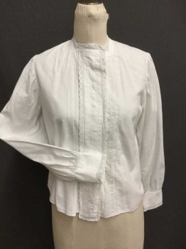 MTO, White, Cotton, Solid, Snap Front Under Placket Trimmed In Crochet Lace, Scrochet Lace Trim Square Collar, Pintucking, Long Sleeves, Gathered At Shoulder and Cuff, Lace Trimmed Cuff,