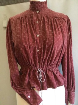MTO, Wine Red, Tan Brown, Cotton, Polyester, Stars, Geometric, Stand Collar with Pleated Ruffle ( Missing Button), B.F., Drawstring At Waist, Front And Back Yoke Pointed In Back, L/S, Button Cuffs